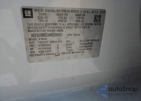 2017 GMC Sierra 1500 Slt из США, поврежденный, VIN 3GTU2NEC9HG506851